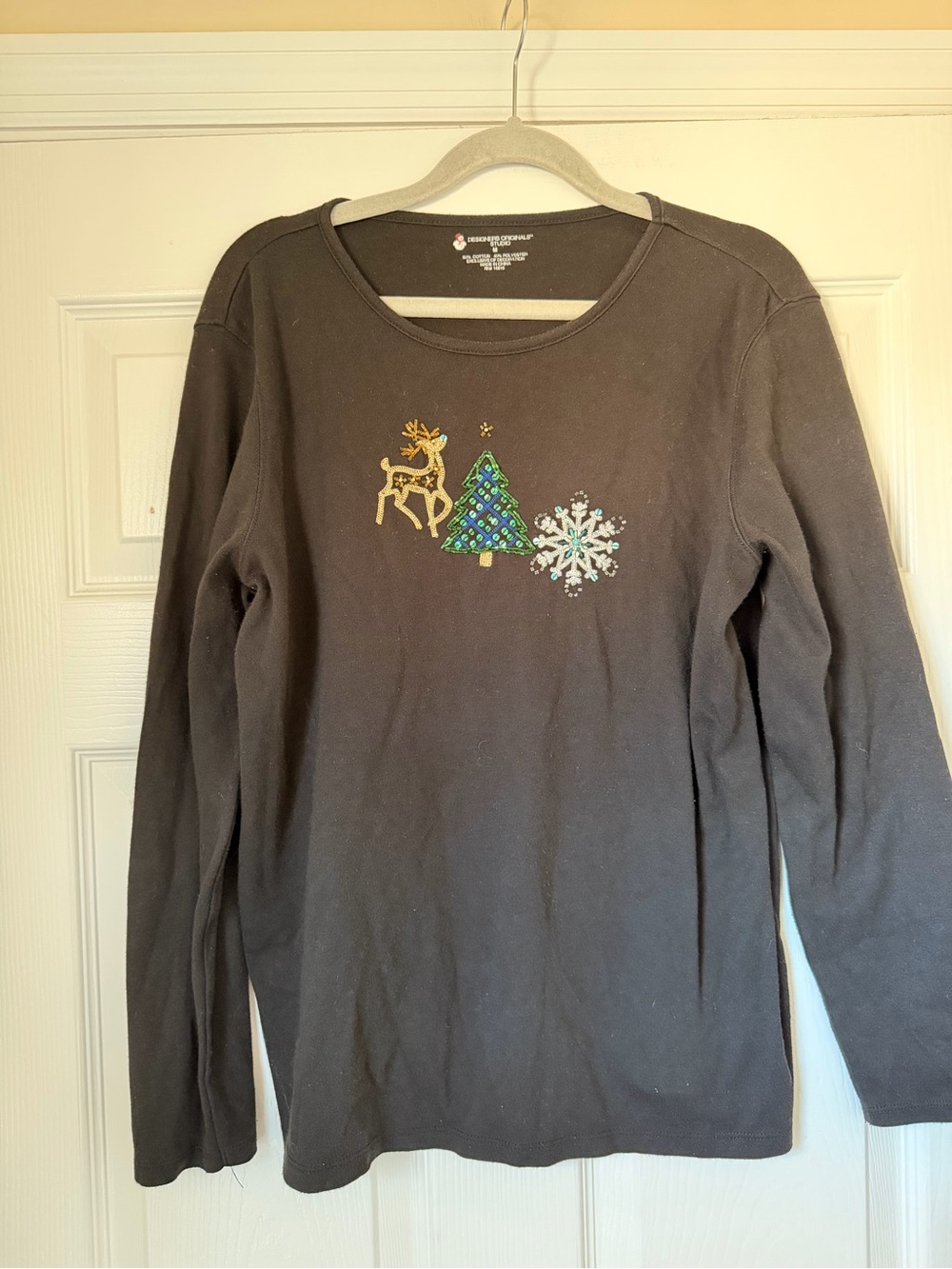 Women's Dark Brown Crewneck Sweater with Holiday Embroidery